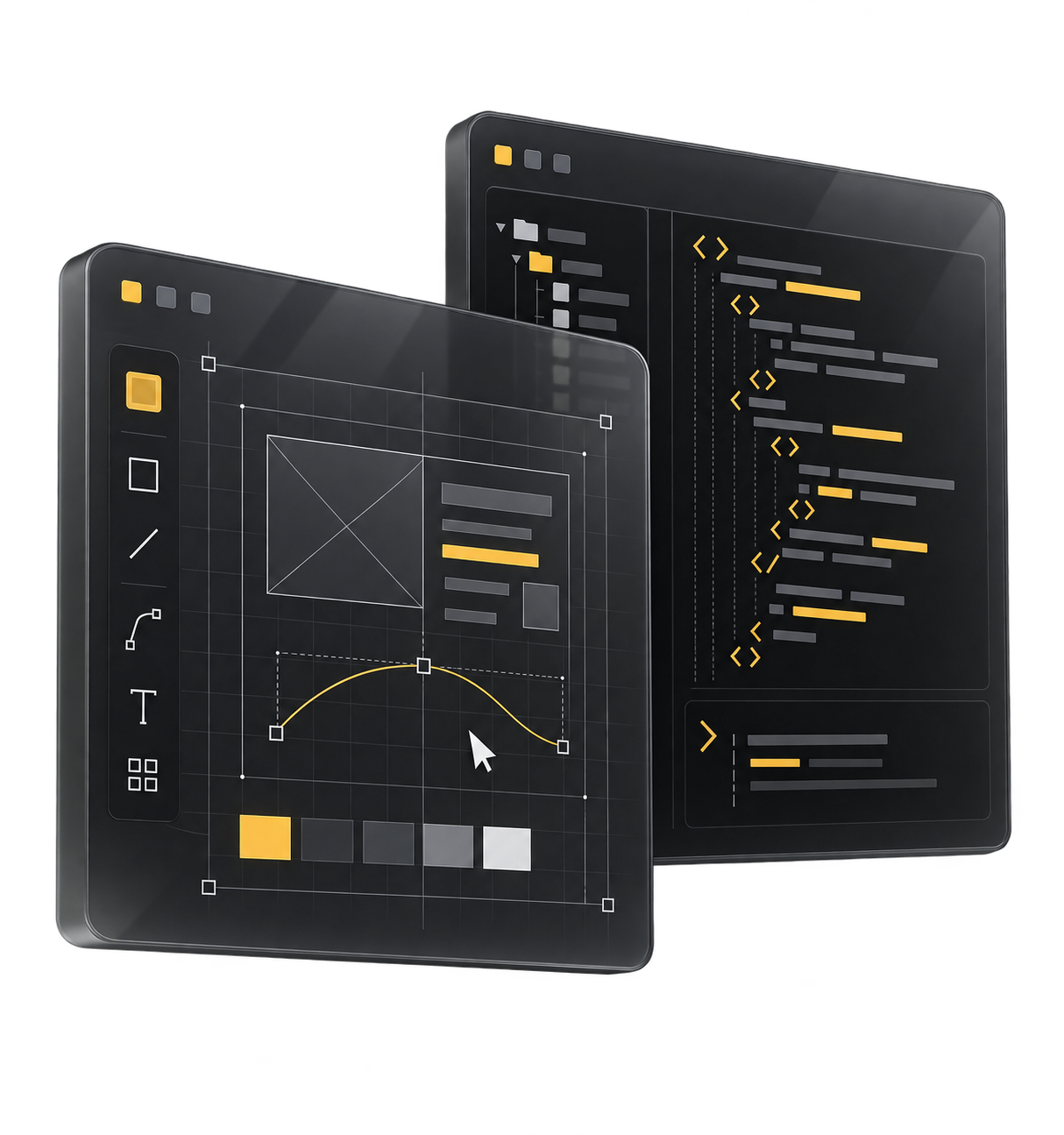 Ilustração de uma interface de design integrada a uma interface de desenvolvimento